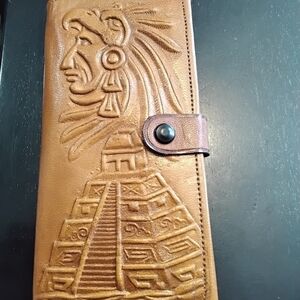 Vintage Azteca Brown Leather Long Wallet Clutch Purse
